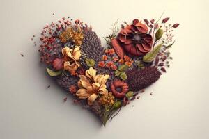 A Valentines Day Heart made of Flowers on a light background created with technology. photo