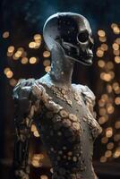 An innovative and elegant dress made of bones and skulls on a Mannequin with soft bokeh lights created with technology. photo