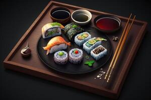 Very tasty sushi served on a dark wooden plate with chopsticks and sauces created with technology photo