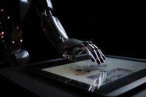 The hand of an ai robot working on a tablet created with technology. photo