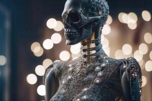 An innovative and elegant dress made of bones and skulls on a Mannequin with soft bokeh lights created with technology. photo