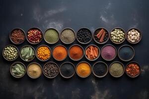 View from above of numerous spices in small bowls on a dark slate plate with copy space created with technology. photo