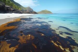 A huge oil spill at the coast of a paradise beach created with technology. photo