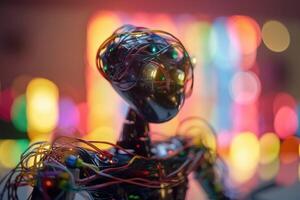 An AI robot almost completely wrapped in brightly coloured fibre optic cable created with technology. photo