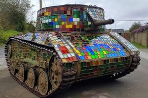 A military tank made of stained glas on a road created with technology. photo