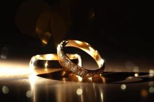 Two wedding rings made of light and energy created with technology. photo