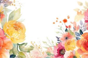 Floral frame decor in colorful watercolors on a white background created with technology. photo