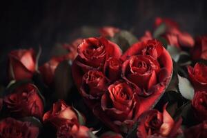 hermosa rojo rosas en forma de un corazón enamorado antecedentes creado con generativo ai tecnología. foto