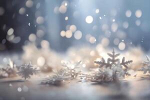 A beautiful christmas background with stars and snowflakes and soft bokeh lights on a light background created with generative AI technology. photo