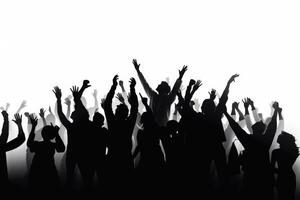 Black silhouette of a huge crowd of cheering people isolated on a white background created with technology. photo