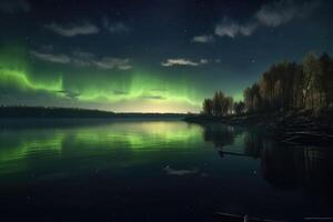 Auroras in green colour and stars over a lake with reflections of the sky created with technology. photo