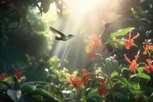 Several hummingbirds buzzing around flowers in a jungle created with technology. photo