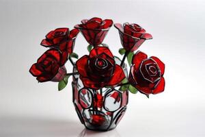 A larger bouquet of red roses made of stained glas on a white surface created with technology. photo