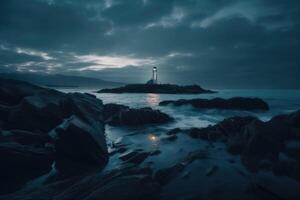 Long exposure of a rocky coast with a lighthouse on it created with technology. photo