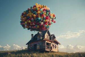 A small vintage house floats through the sky on many colourful balloons created with technology. photo