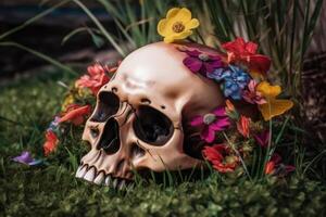 Colorful flowers growing out of a skull some grass on the ground created with technology. photo