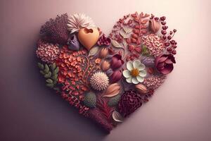 A Valentines Day Heart made of Flowers on a light background created with technology. photo