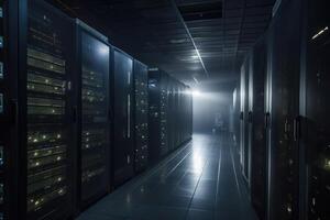 A large data centre with many computer racks in dark light with some fog created with technology. photo
