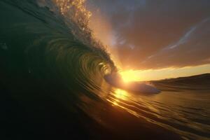 un grande ola mirando dentro el ola túnel durante puesta de sol creado con generativo ai tecnología. foto