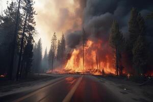 un devastador bosque fuego como visto desde el la carretera creado con generativo ai tecnología. foto