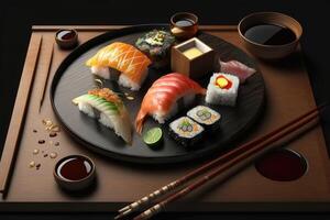 Very tasty sushi served on a dark wooden plate with chopsticks and sauces created with technology photo