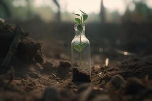 A single green seedling in a glass bottle on an apocalyptic dry ground created with technology. photo