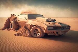 A fast muscle car churns up sand in a desert created with technology. photo