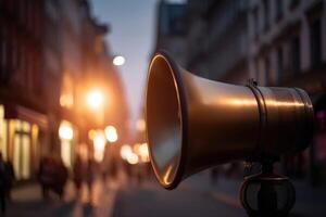 A megaphone mde of gold in the background a street in a big city with soft bokeh created with technology. photo