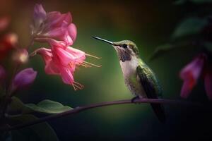 Portrait of a Green Hummingbird on a Flower created with technology. photo