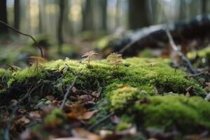 Close up view on a forest ground with a lot of moss and little branches created with technology. photo