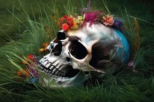 Colorful flowers growing out of a skull some grass on the ground created with technology. photo