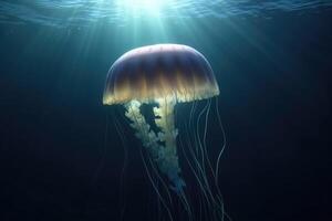 realista Medusa en el lo más hondo de el Oceano con haces de luz desde encima creado con generativo ai tecnología. foto