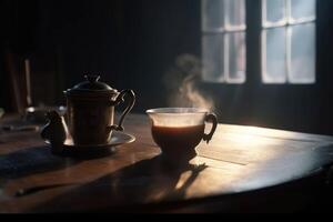 A steaming cup of tea on a table in a cosy old room created with technology. photo