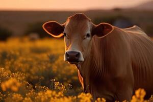 A cow on a field with some flowers created with technology. photo