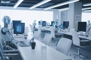 AI robots sitting at work in the open-plan office of a call centre created with technology. photo