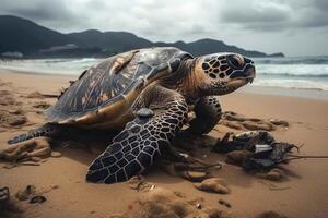 A large turtle drags itself onto a beach created with technology. photo