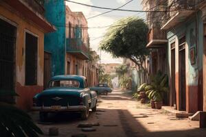 un calle en un pueblo en un cubano Mira con un lote de antiguo oxidado carros y No personas creado con generativo ai tecnología. foto