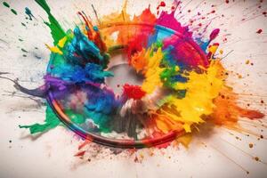 A color Wheel with goethe colors exploding in colorful powder on a light background created with technology. photo