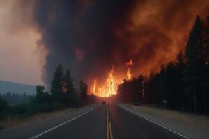 A devastating forest fire as seen from the road created with technology. photo