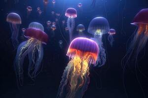 Multiple brightly coloured jellyfish in the depths of the ocean with lightbeams from above created with technology. photo