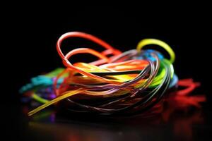 un haz de brillantemente de colores fibra óptico cables creado con generativo ai tecnología. foto