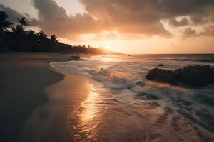sueño playa a puesta de sol en un tropical paraíso creado con generativo ai tecnología. foto