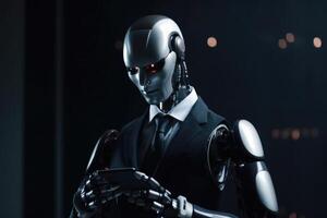An AI robot in a business suit looks at its smartphone created with technology. photo