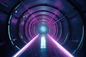 Travelling through a time tunnel with a galaxy in the background created with technology. photo