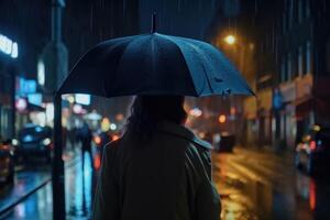 un joven mujer con un paraguas visto desde detrás camina en un moderno ciudad a noche y pesado lluvia creado con generativo ai tecnología. foto