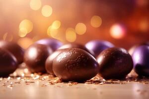 Easter background with soft bokeh lights and chocolate created with technology photo