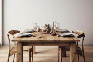 un cena mesa hecho de rústico roble madera creado con generativo ai tecnología. foto