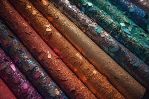 Photo realistic background texture of colourful glittering paper from above created with technology.
