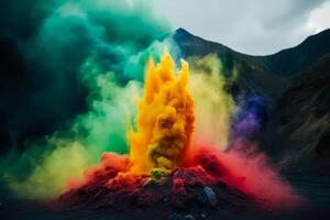 A huge volcano seen from far away erupting rainbow colored colour powder created with technology. photo