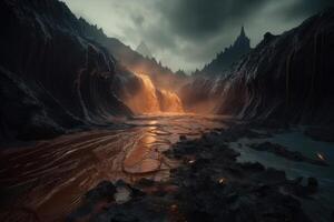 un cascada de líquido metal en un apocalíptico paisaje creado con generativo ai tecnología. foto